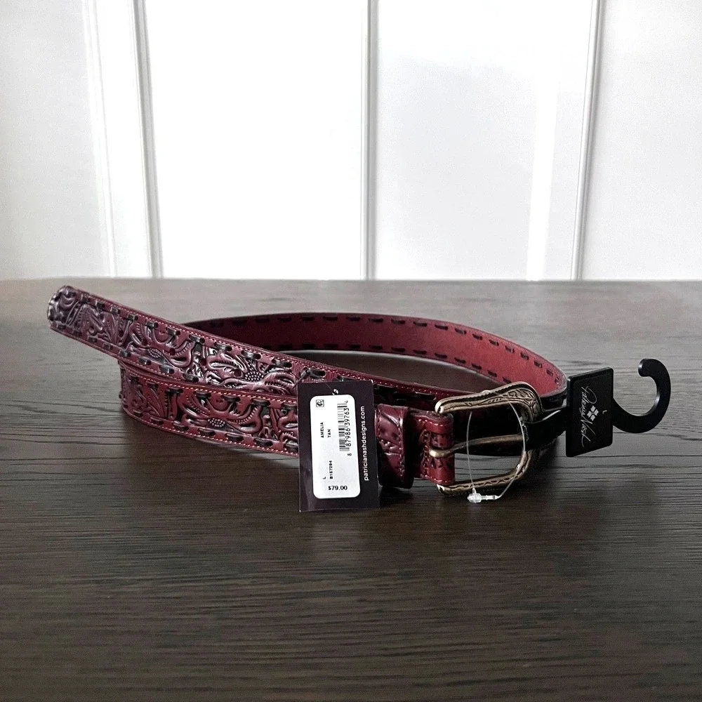 Patricia Nash Amelia Western Tooled Leather Belt Rich‎ Brown Size L NEW MSRP $79